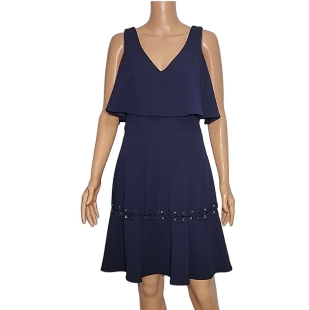 Belle Badgley‎ Mischka Fiona Dress Sz 8 Navy Blue Ruffle Sleeveless V-Neck Flowy